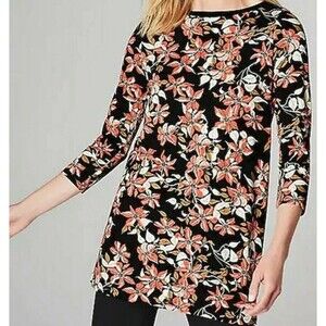 J Jill Wearever 3/4 Sleeve Tunic Black Pink Botanical Print Size Medium
